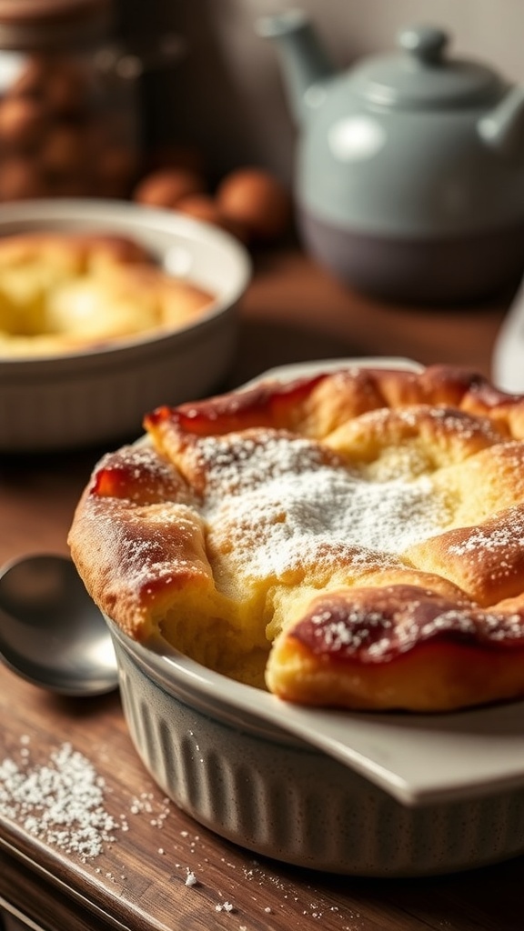 A golden-brown bread pudding soufflé dusted with powdered sugar in a rustic dish, served with a spoon.